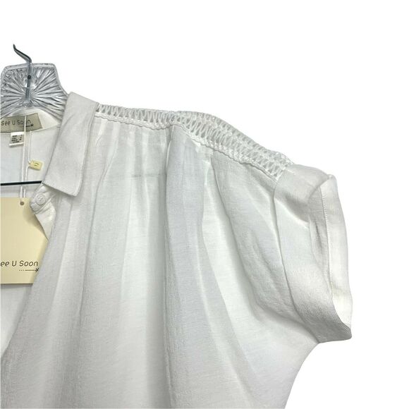 See U Soon Off White Gauze Embroidered Shoulder Loose Button Up Blouse Small New - Picture 5 of 6